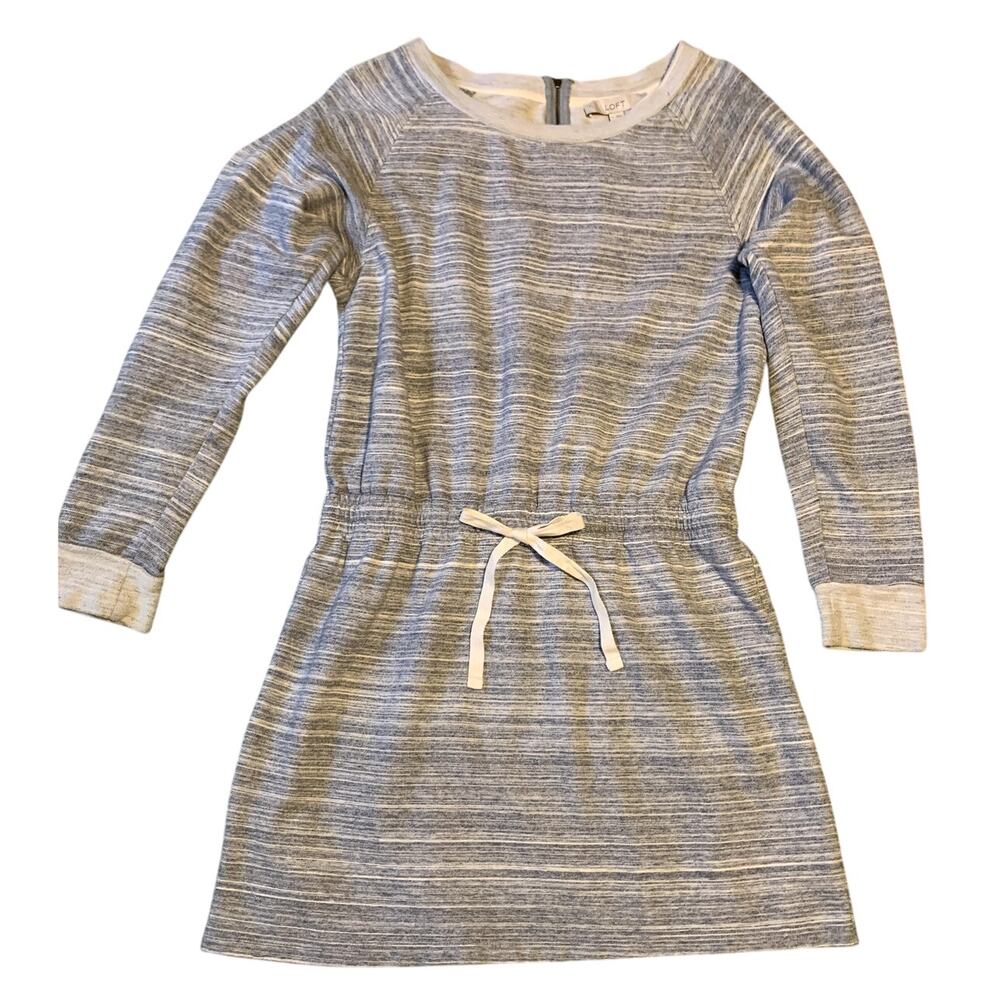 LOFT Dress Tunic Shirt Size Medium Blue Cream L/S Cotton Back Zipper